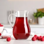 A clear glass pitcher filled with deep red raspberry syrup sits on a white kitchen counter. Fresh raspberries are scattered around, with a white bowl full of berries and a folded tea towel nearby, all set in a bright, modern kitchen.