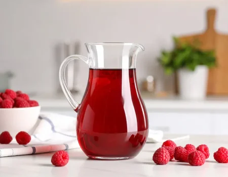A clear glass pitcher filled with deep red raspberry syrup sits on a white kitchen counter. Fresh raspberries are scattered around, with a white bowl full of berries and a folded tea towel nearby, all set in a bright, modern kitchen.