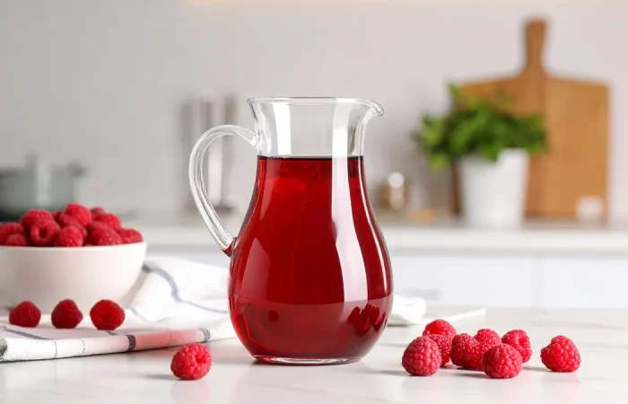 A clear glass pitcher filled with deep red raspberry syrup sits on a white kitchen counter. Fresh raspberries are scattered around, with a white bowl full of berries and a folded tea towel nearby, all set in a bright, modern kitchen.