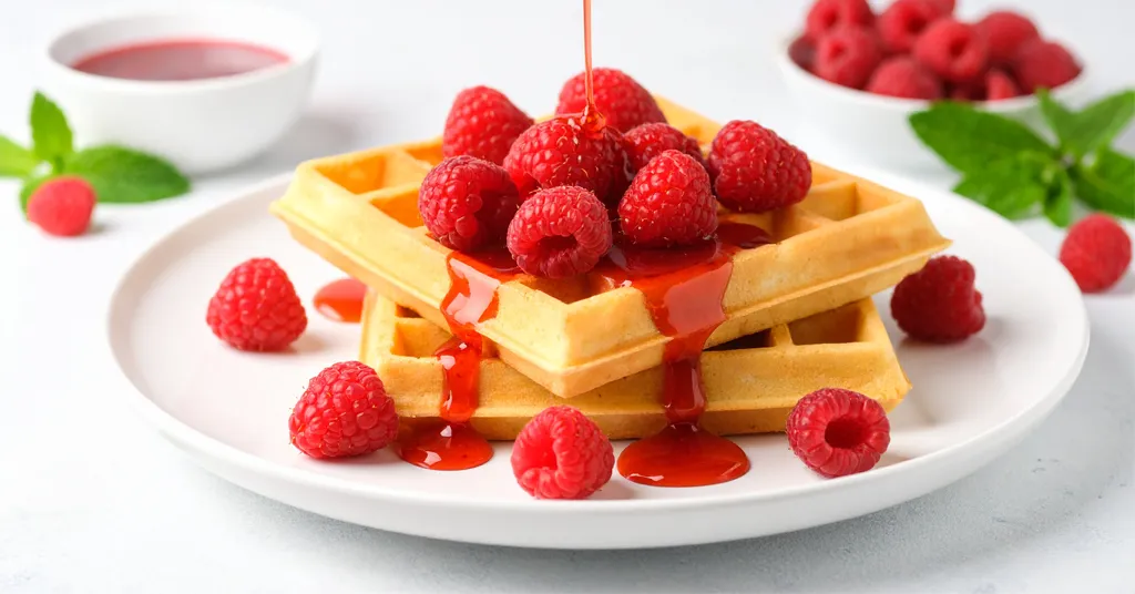A stack of golden waffles topped with fresh raspberries and raspberry syrup being drizzled over them, served on a white plate with extra raspberries and a bowl of syrup in the background.