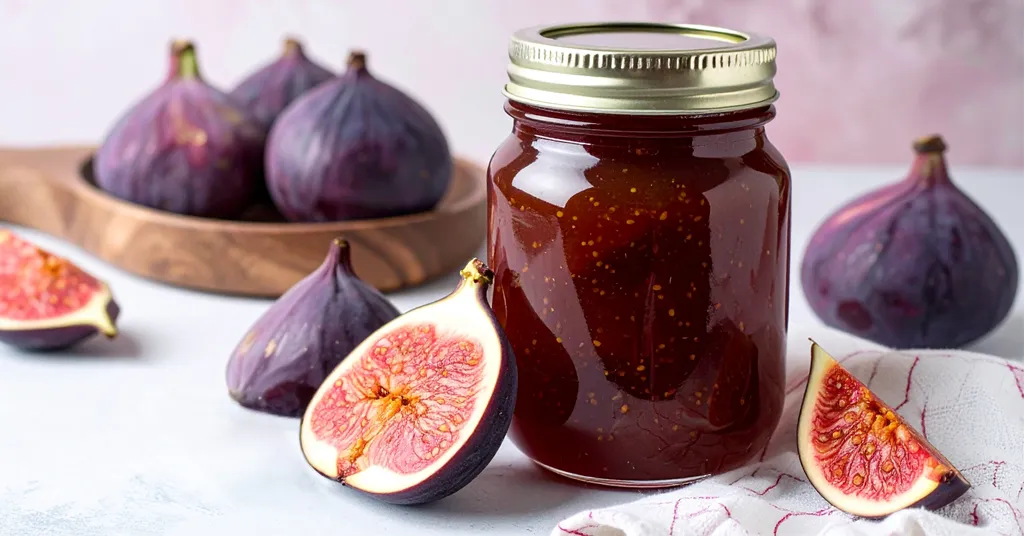 A sealed glass jar of dark, chunky fig preserves sits on a light surface next to fresh whole figs and sliced figs showcasing their vibrant red interiors, perfect for illustrating a homemade fig preserves recipe.