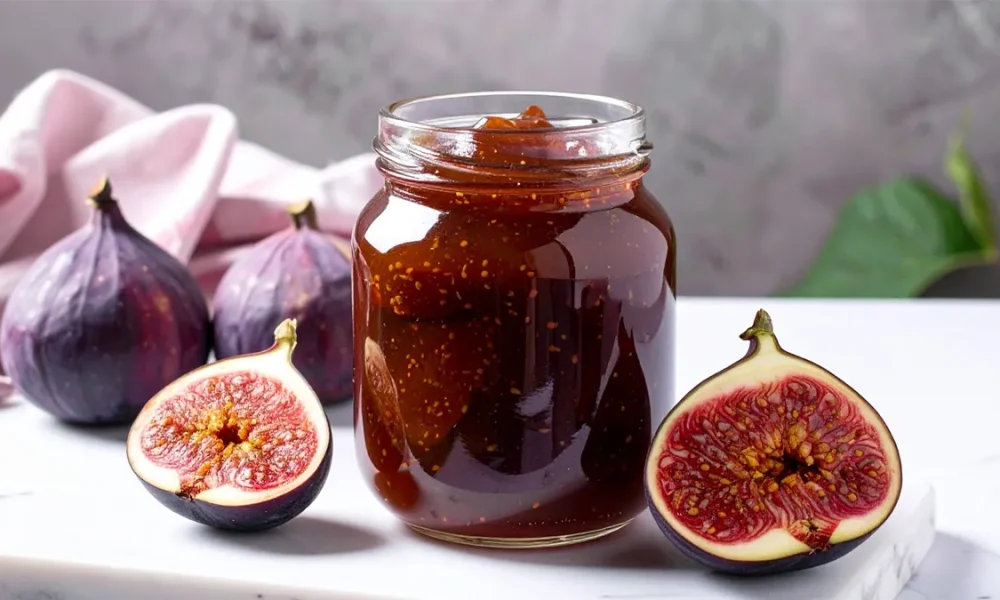 A glass jar filled with thick, dark fig preserves sits on a marble surface beside fresh whole figs and halved figs showing their rich red interiors. Perfect visual for a homemade fig preserves recipe highlighting ripe fruit and a rustic presentation.