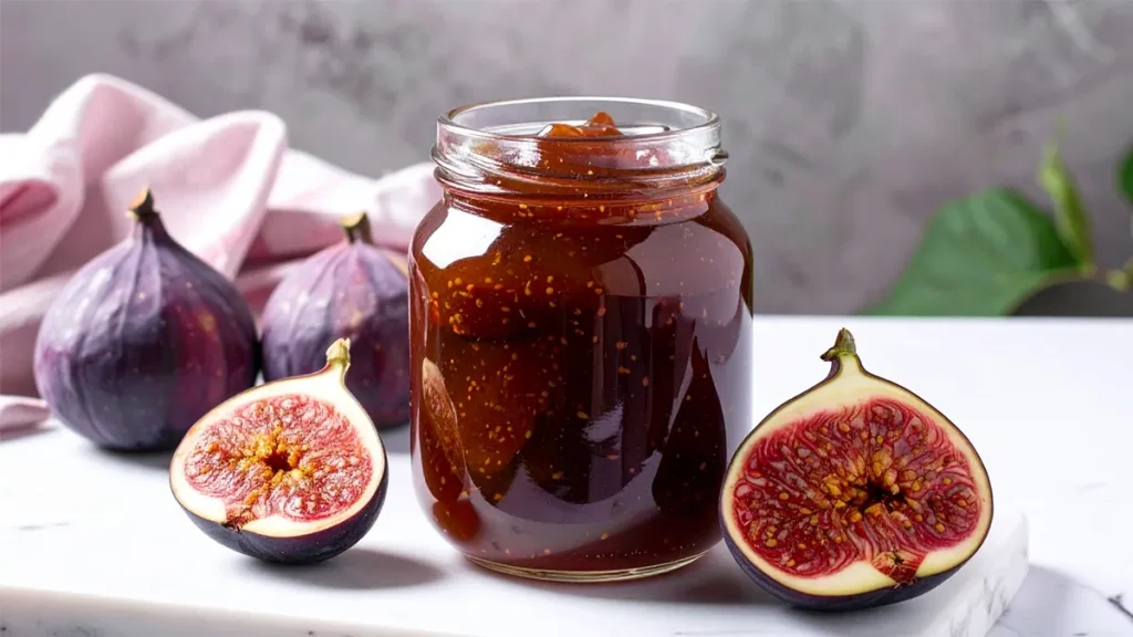 A glass jar filled with thick, dark fig preserves sits on a marble surface beside fresh whole figs and halved figs showing their rich red interiors. Perfect visual for a homemade fig preserves recipe highlighting ripe fruit and a rustic presentation.