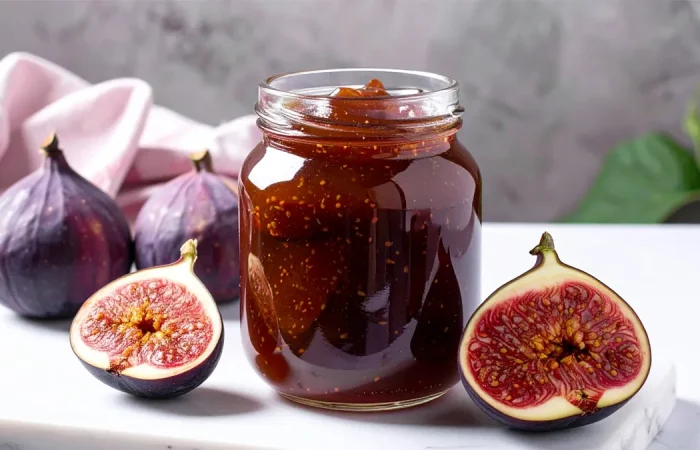 A glass jar filled with thick, dark fig preserves sits on a marble surface beside fresh whole figs and halved figs showing their rich red interiors. Perfect visual for a homemade fig preserves recipe highlighting ripe fruit and a rustic presentation.