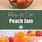 A collage-style image features a bowl of fresh peaches and a jar of homemade peach jam with chunks of fruit and peach slices nearby. Overlaid text reads “How to Can Peach Jam,” promoting a detailed peach jam recipe and canning instructions.