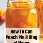 A glass jar filled with homemade peach pie filling sits on a light surface with sliced peaches nearby. Overlaid text reads “How To Can Peach Pie Filling at Home – PreservingGuide.com,” making it clear this is a guide for preserving peach pie filling.