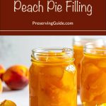 Glass jars filled with homemade peach pie filling sit on a white surface beside fresh peaches and slices. Text on the image reads “How To Can Peach Pie Filling – PreservingGuide.com,” promoting a step-by-step canning guide.