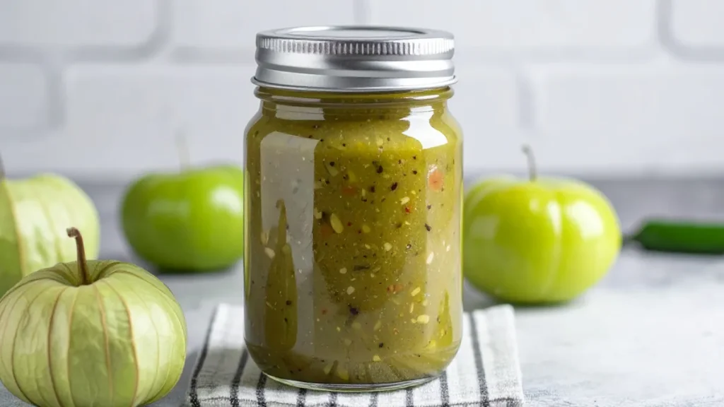 Tomatillo salsa in a mason jar with fresh tomatillos and jalapenos.