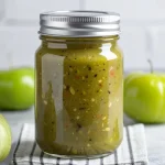 Tomatillo salsa in a mason jar with fresh tomatillos and jalapenos.