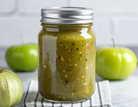 Tomatillo salsa in a mason jar with fresh tomatillos and jalapenos.