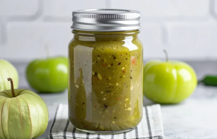 Tomatillo salsa in a mason jar with fresh tomatillos and jalapenos.